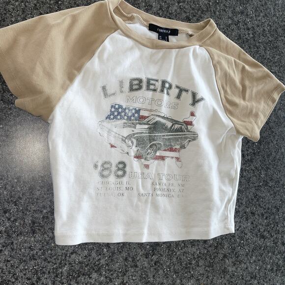 Forever 21 cropped raglan tee, 'Liberty Motors '88' graphic. Size M, white/tan, - Picture 2 of 7